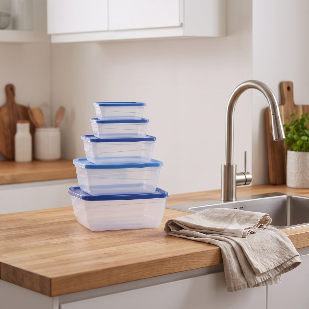 5-Piece Acrylic Rectangular Food Storage & Fridge Container Set with Airtight Blue Lids 🫙💙