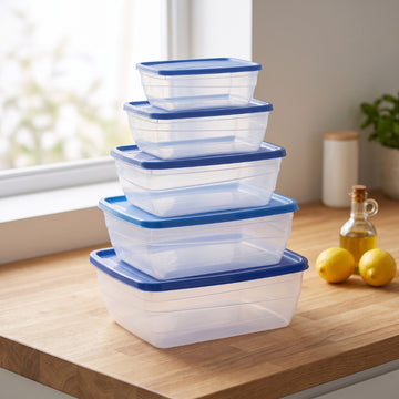 5-Piece Acrylic Rectangular Food Storage & Fridge Container Set with Airtight Blue Lids 🫙💙
