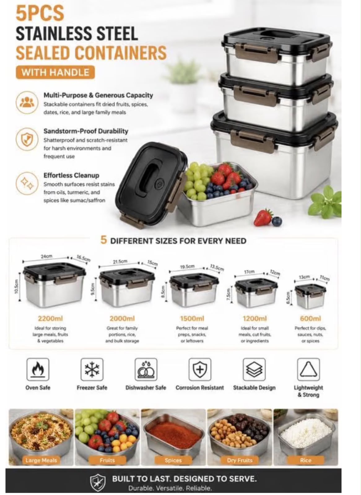 5-Piece Stainless Steel Airtight Food Storage Container Set with Smart Handle 🫙 High Durability