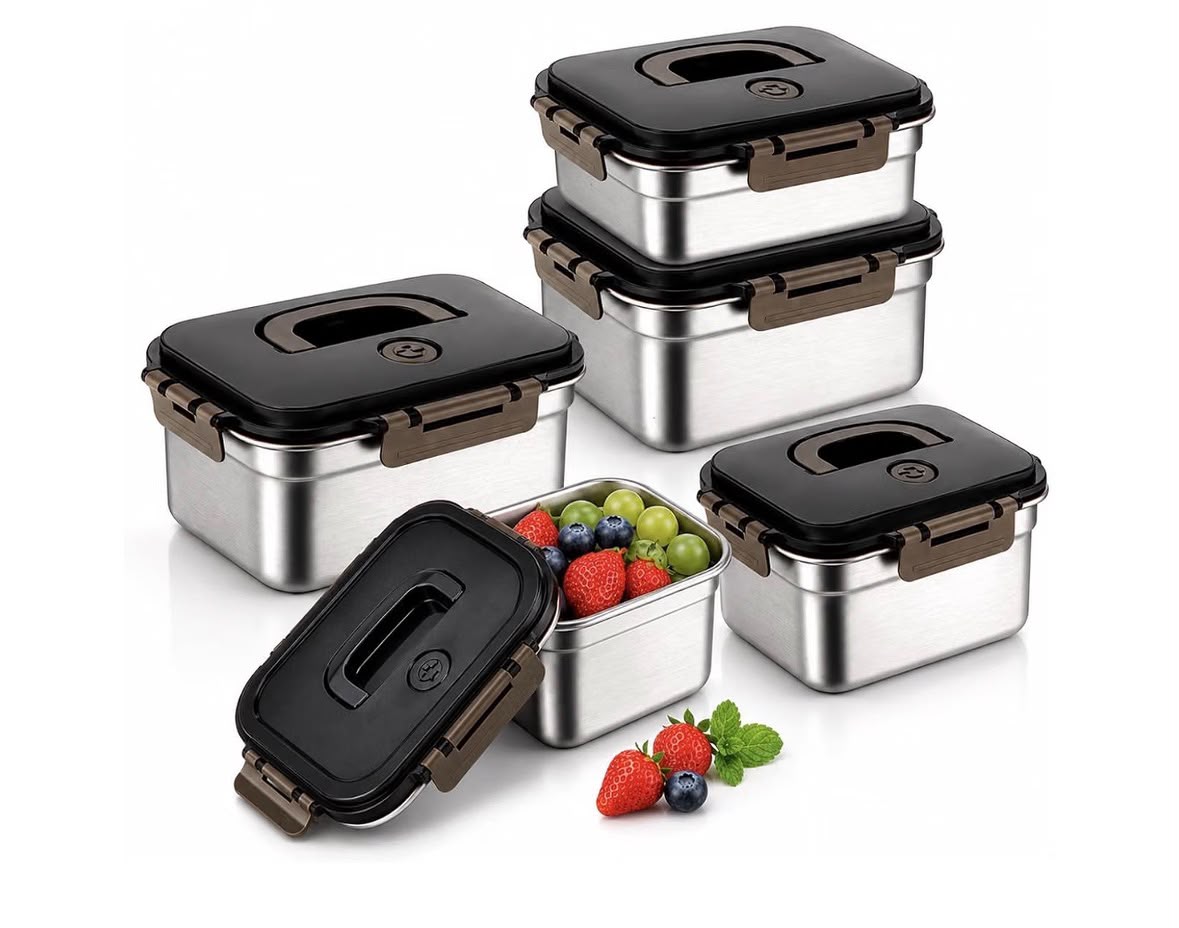 5-Piece Stainless Steel Airtight Food Storage Container Set with Smart Handle 🫙 High Durability