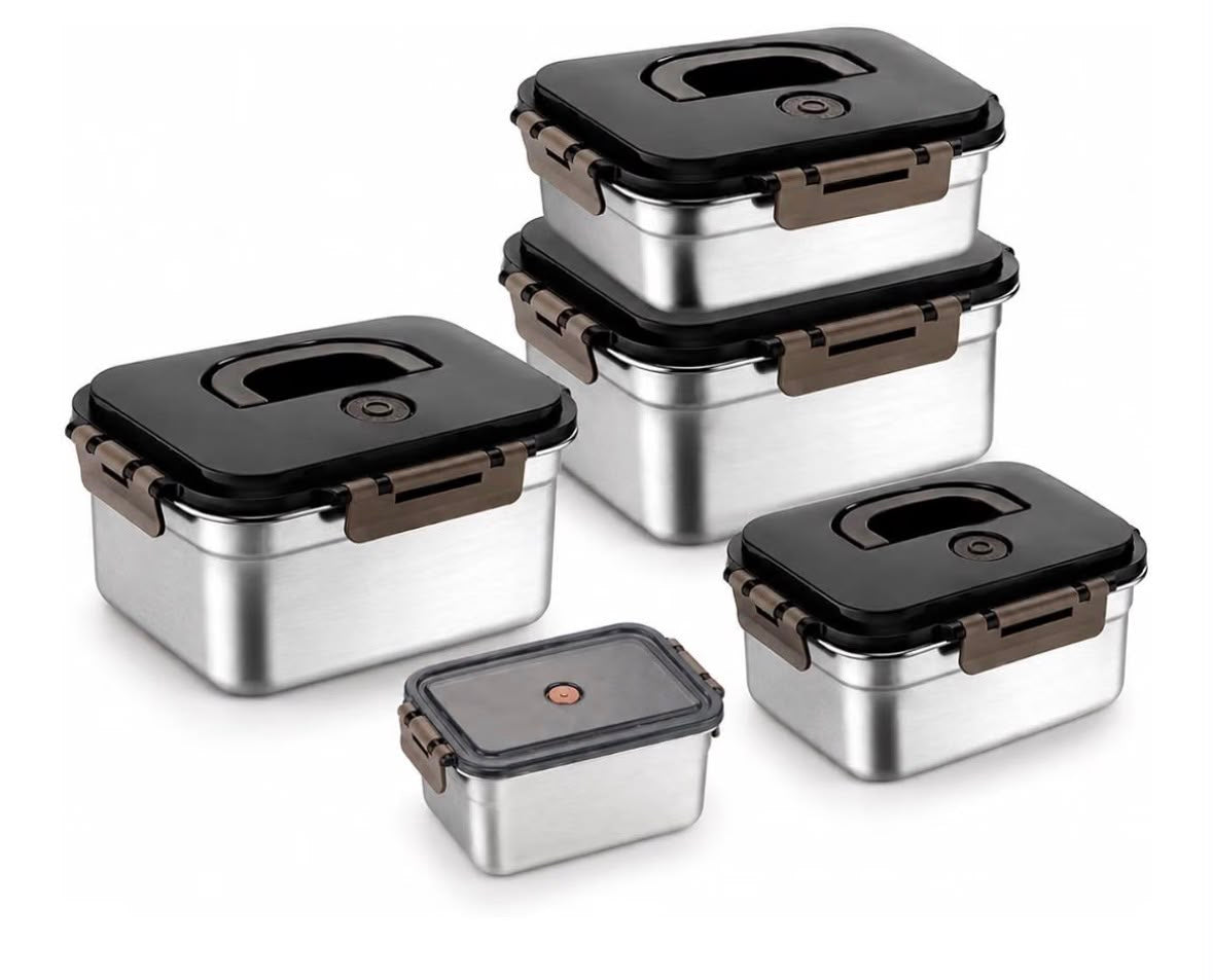 5-Piece Stainless Steel Airtight Food Storage Container Set with Smart Handle 🫙 High Durability